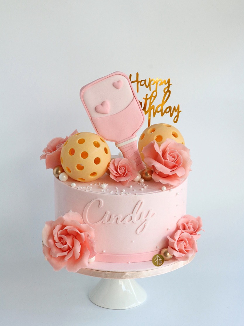 Pink Pickleball Cake With Sugar Rose