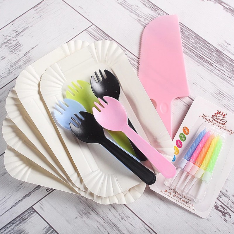 Disposable Cake Paper Plate Fork Knife Candle