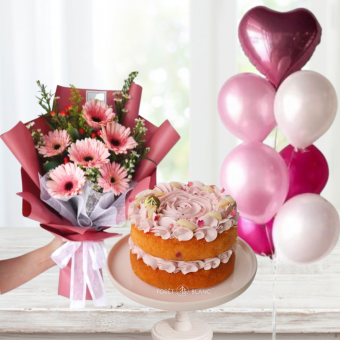Cake ,Gebera Daisy Bouquet & Pink Latex Balloon Bunch